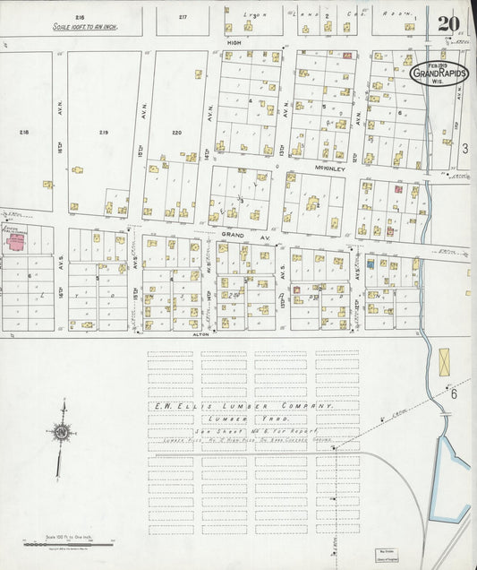 Sanborn Fire Insurance Map from Grand Rapids, Wood County, Wisconsin (1919), Sheet #0020 - Historic Sanborn Fire Insurance Map Print, vintage old map wall art, antique decor, genealogy gift, Wisconsin Wisconsin map