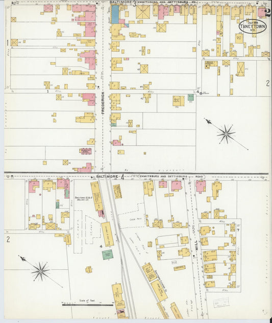 Sanborn Fire Insurance Map from Taneytown, Carroll County, Maryland (1904), Sheet #0002 - Historic Sanborn Fire Insurance Map Print, vintage old map wall art, antique decor, genealogy gift, Maryland Maryland map
