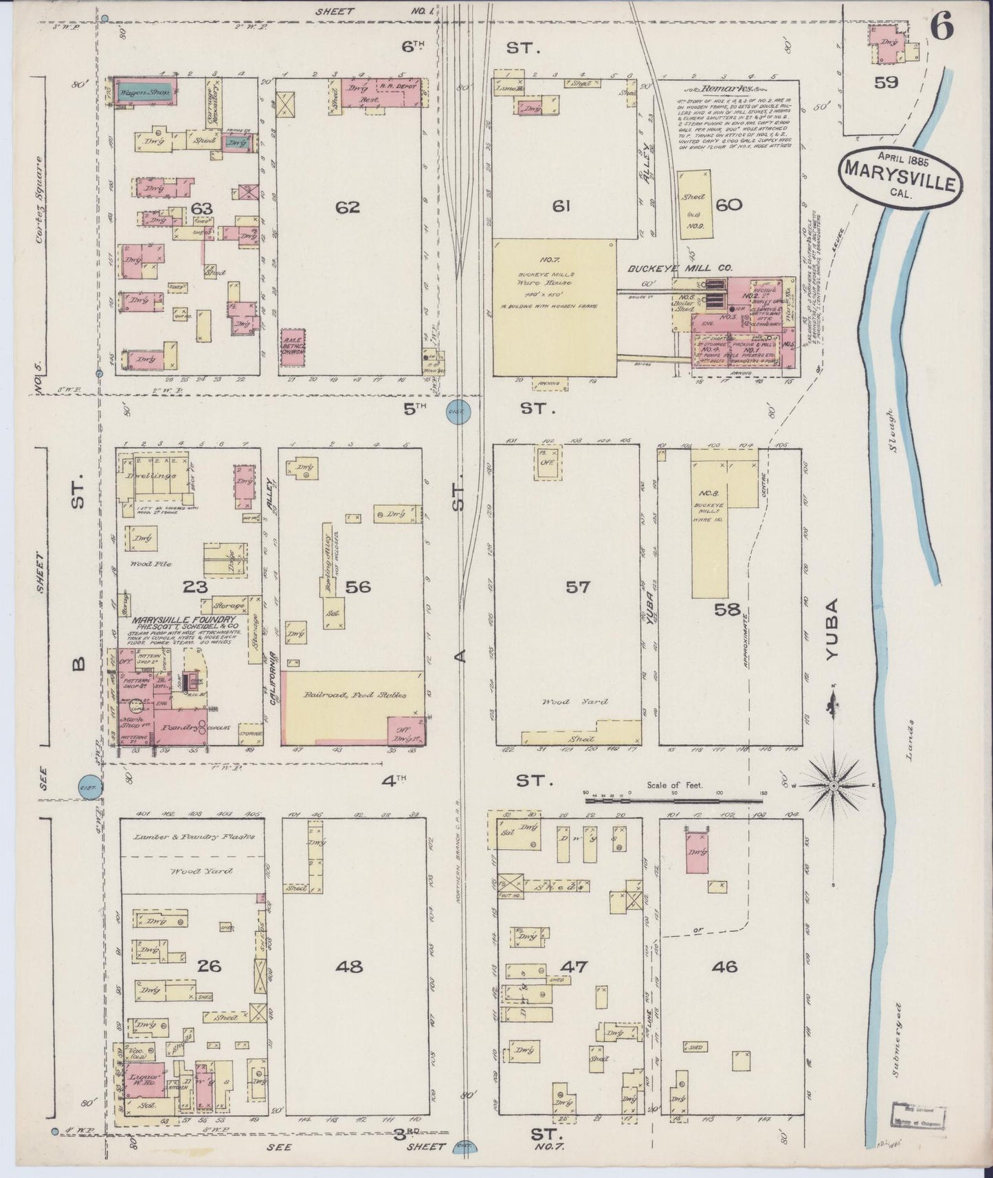 Sanborn Fire Insurance Map from Marysville, Yuba County, California (1885), Sheet #0006 - Historic Sanborn Fire Insurance Map Print, vintage old map wall art, antique decor, genealogy gift, California California map