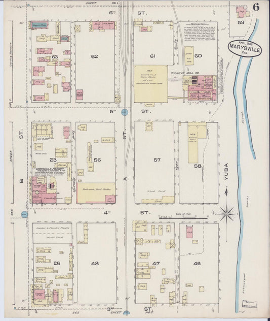 Sanborn Fire Insurance Map from Marysville, Yuba County, California (1885), Sheet #0006 - Historic Sanborn Fire Insurance Map Print, vintage old map wall art, antique decor, genealogy gift, California California map
