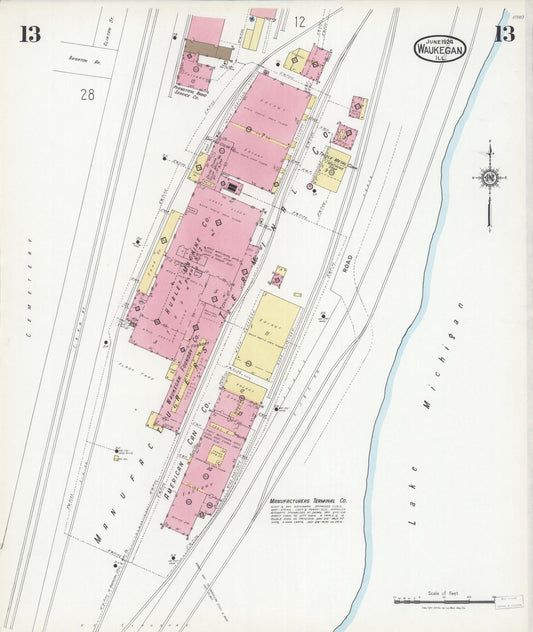 Sanborn Fire Insurance Map from Waukegan, Lake County, Illinois (1924), Sheet #0013 - Historic Sanborn Fire Insurance Map Print, vintage old map wall art, antique decor, genealogy gift, Illinois Illinois map