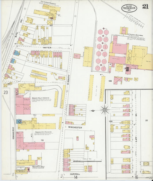 Frederick, Maryland - 1904 - Sanborn Fire Insurance Map, Sheet #0021 - Historic Sanborn Fire Insurance Map Print, Frederick Maryland 1904 0021 vintage old map wall art