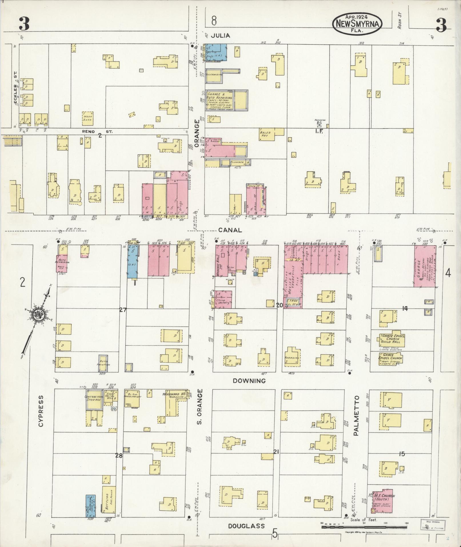 Sanborn Fire Insurance Map from New Smyrna, Valusia County, Florida (1924), Sheet #0003 - Complete Map Set gallery image, historic Sanborn map, vintage wall art, Florida Florida