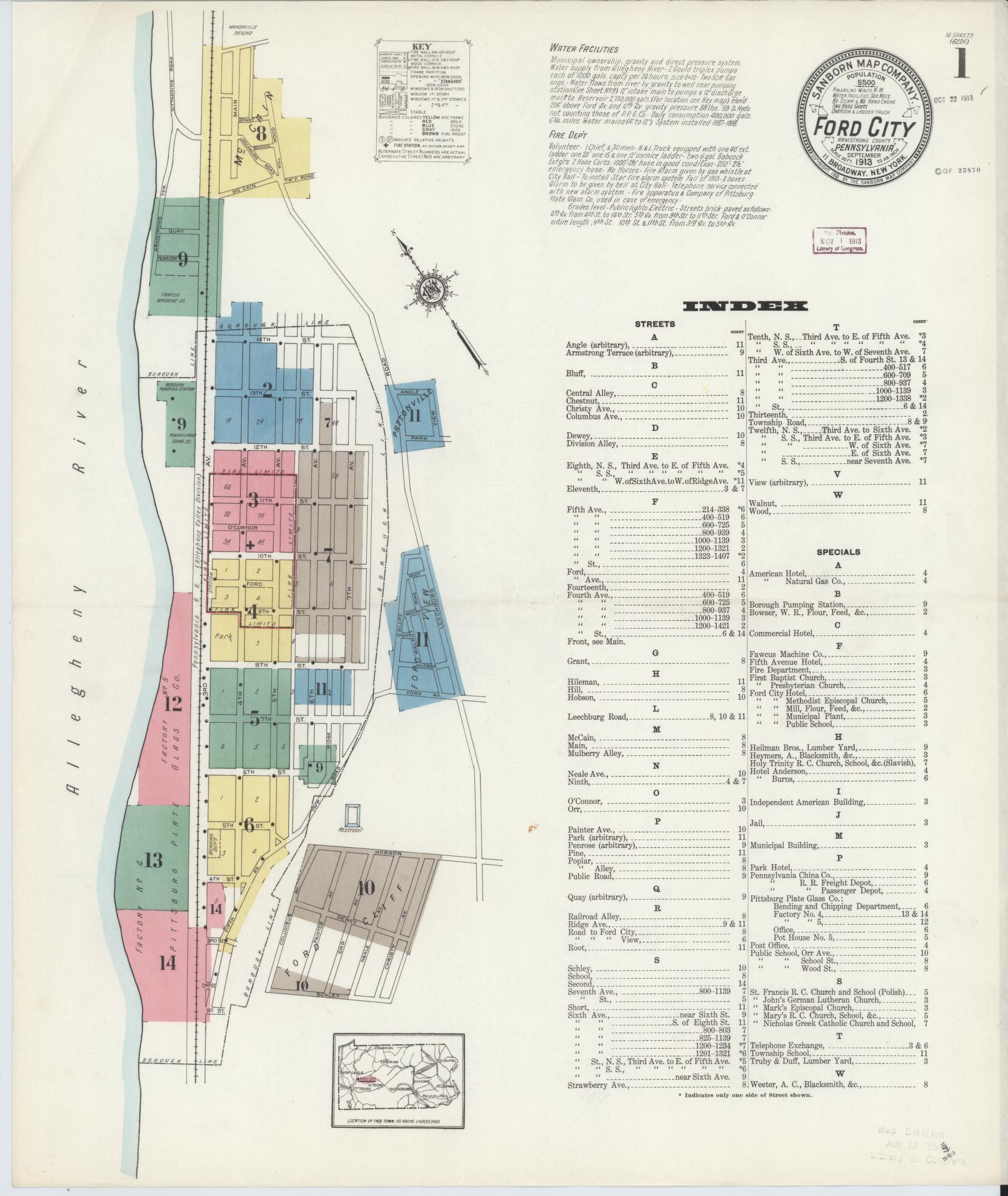 Sanborn Fire Insurance Map from Ford City, Armstrong County, Pennsylvania (1913), Sheet #0001 - Historic Sanborn Fire Insurance Map Print, vintage old map wall art, antique decor, genealogy gift, Pennsylvania Pennsylvania map