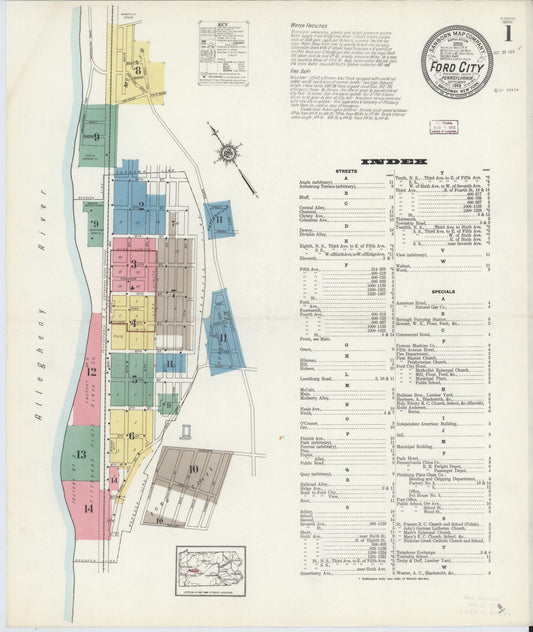 Sanborn Fire Insurance Map from Ford City, Armstrong County, Pennsylvania (1913), Sheet #0001 - Historic Sanborn Fire Insurance Map Print, vintage old map wall art, antique decor, genealogy gift, Pennsylvania Pennsylvania map