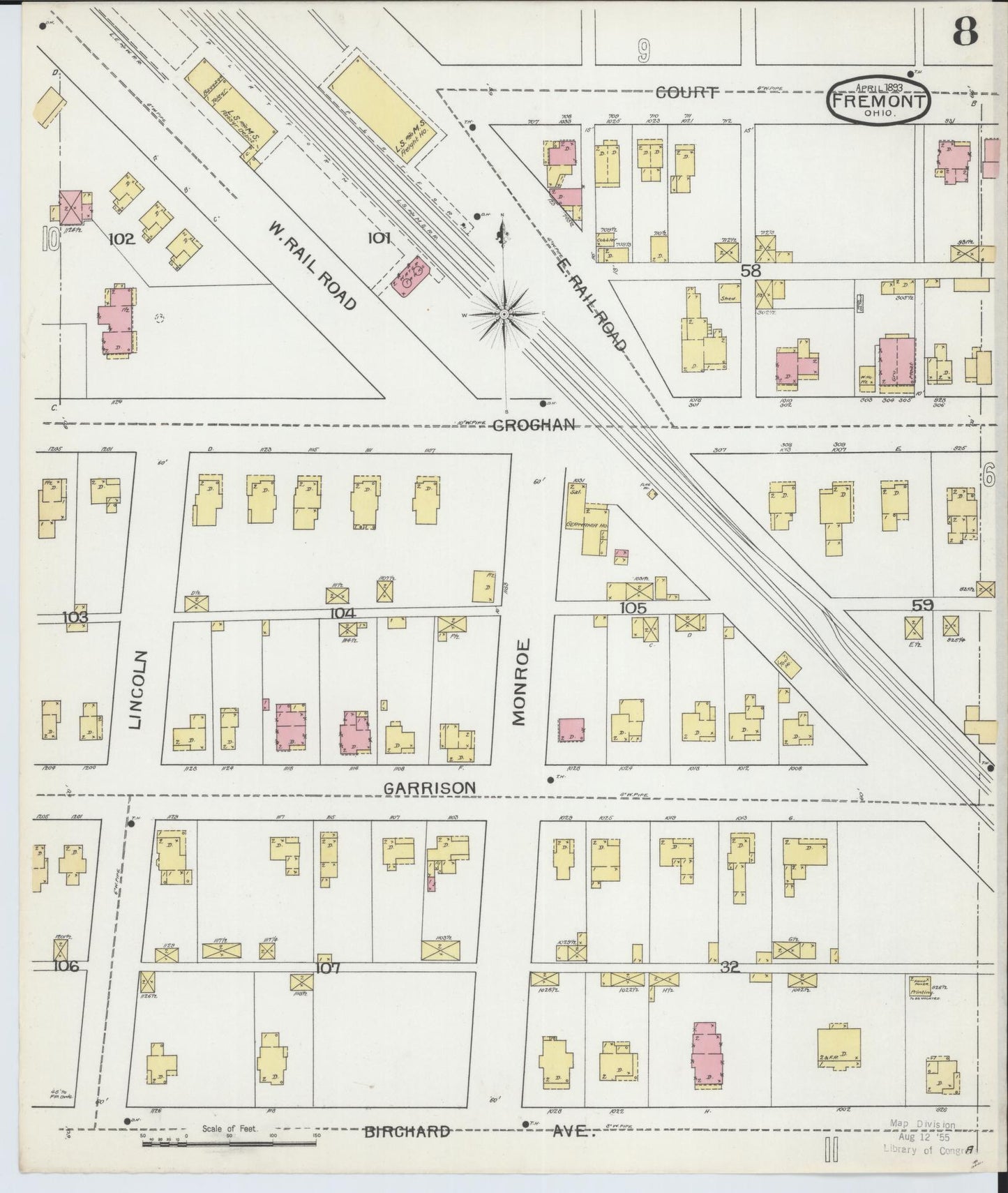Sanborn Fire Insurance Map from Fremont, Sandusky County, Ohio (1893), Sheet #0008 - Historic Sanborn Fire Insurance Map Print, vintage old map wall art, antique decor, genealogy gift, Ohio Ohio map