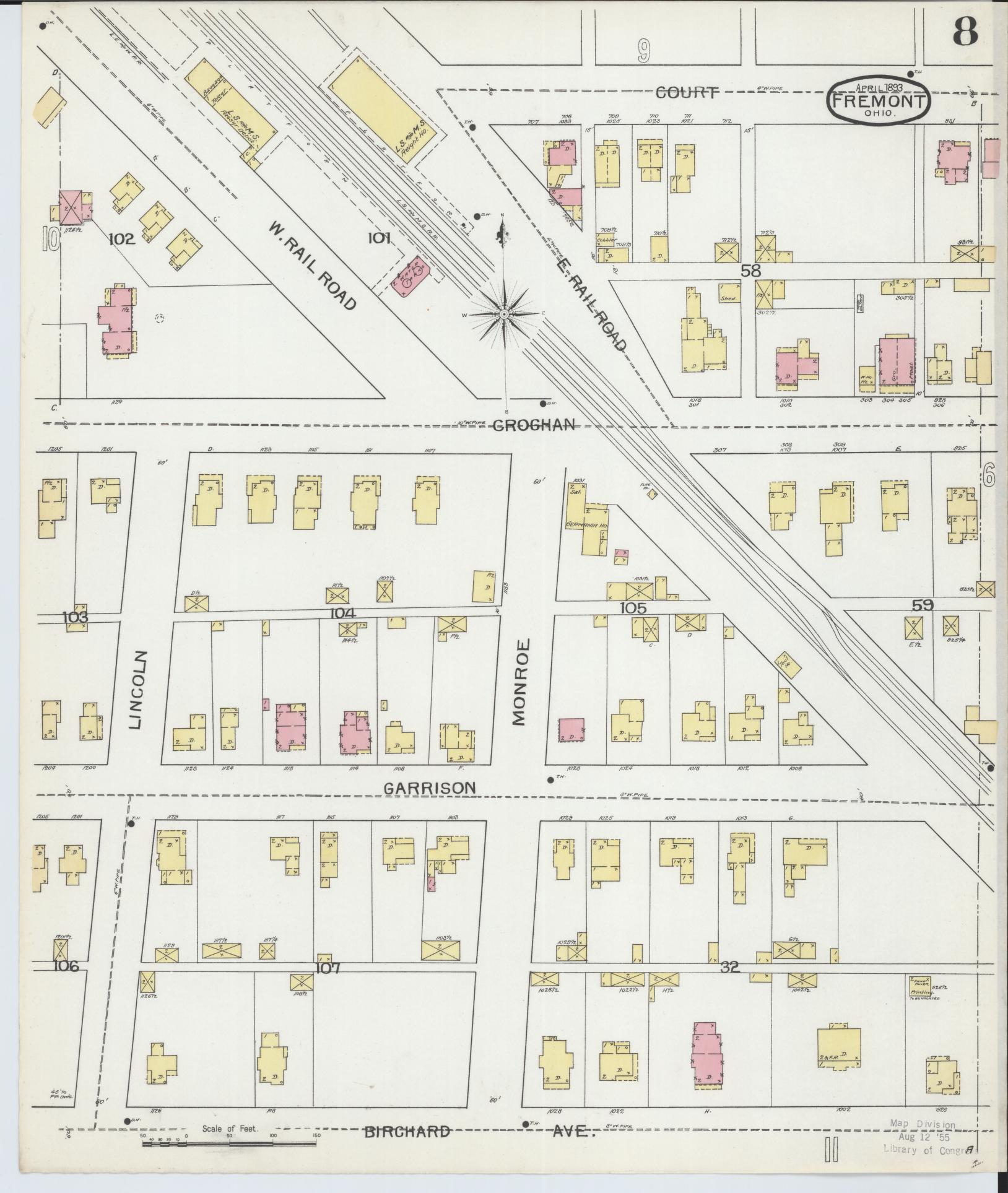 Sanborn Fire Insurance Map from Fremont, Sandusky County, Ohio (1893), Sheet #0008 - Historic Sanborn Fire Insurance Map Print, vintage old map wall art, antique decor, genealogy gift, Ohio Ohio map