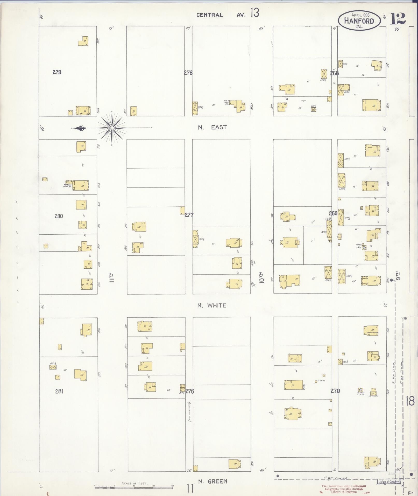 Sanborn Fire Insurance Map from Hanford, Kings County, California (1905), Sheet #0012 - Historic Sanborn Fire Insurance Map Print, vintage old map wall art, antique decor, genealogy gift, California California map