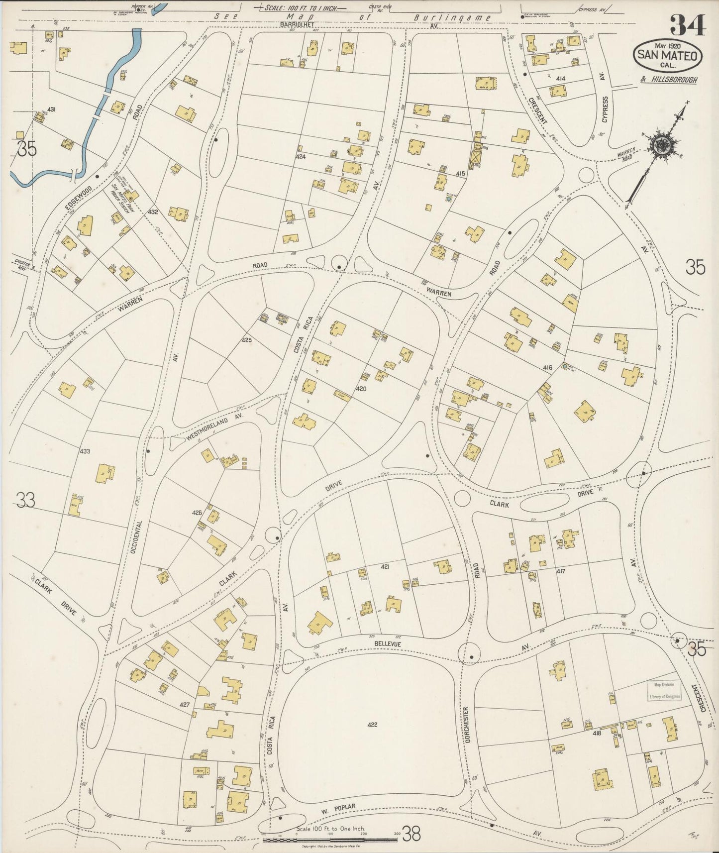 Sanborn Fire Insurance Map from San Mateo, San Mateo County, California (1920), Sheet #0034 - Complete Map Set gallery image, historic Sanborn map, vintage wall art, California California
