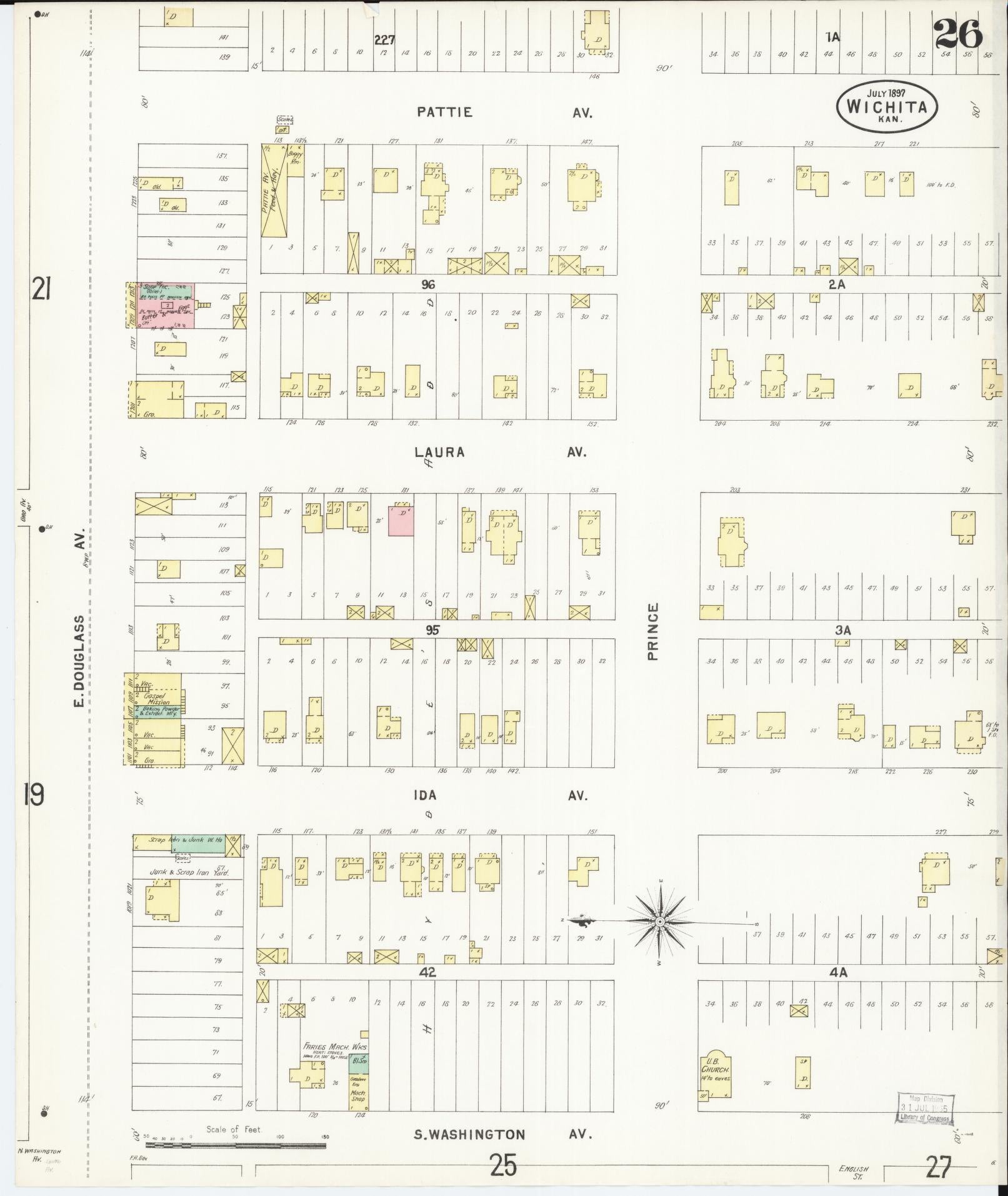 Sanborn Fire Insurance Map from Wichita, Sedgwick County, Kansas (1897), Sheet #0026 - Historic Sanborn Fire Insurance Map Print, vintage old map wall art, antique decor, genealogy gift, Kansas Kansas map