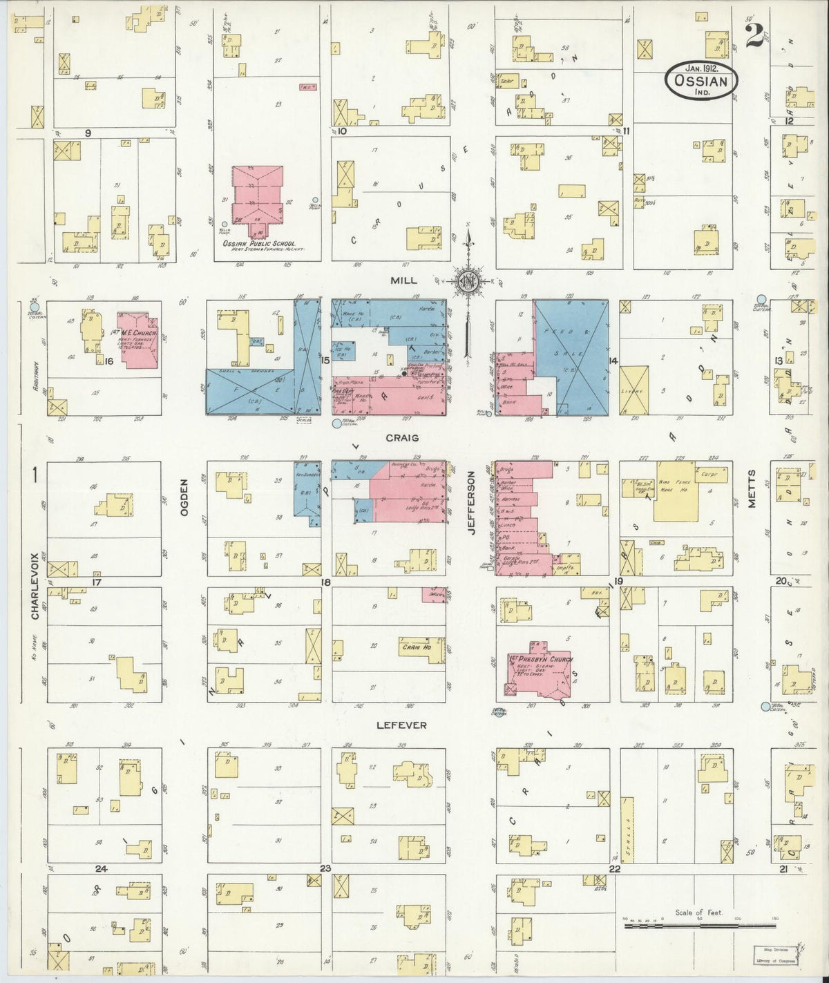 Sanborn Fire Insurance Map from Ossian, Wells County, Indiana (1912), Sheet #0002 - Historic Sanborn Fire Insurance Map Print, vintage old map wall art, antique decor, genealogy gift, Indiana Indiana map