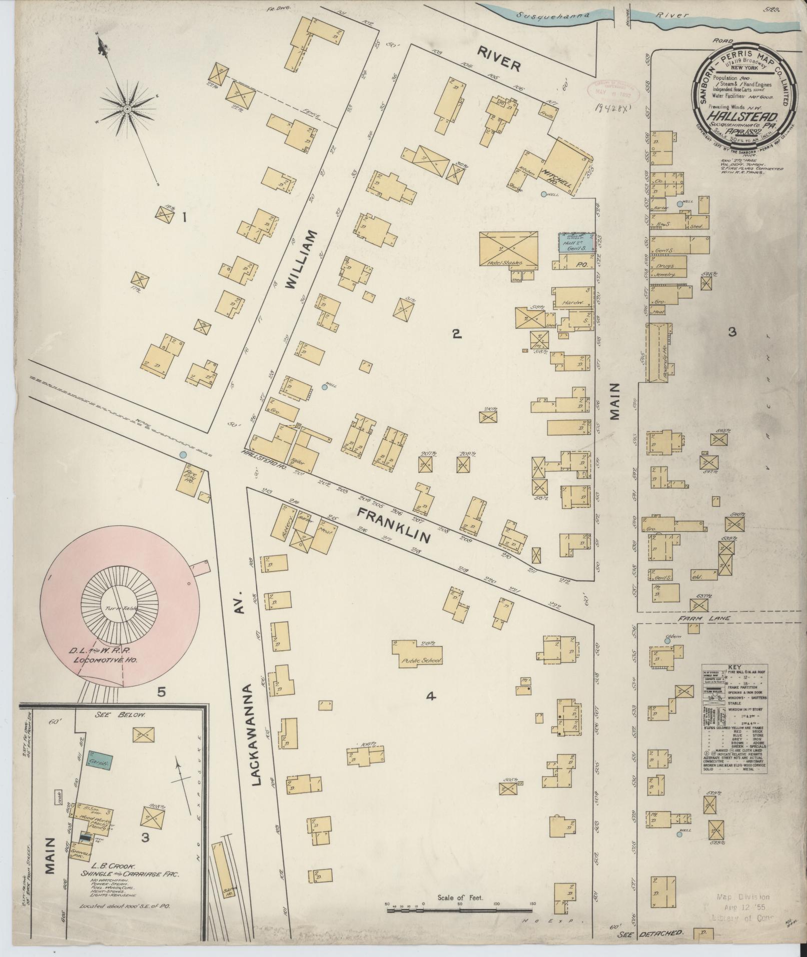 Sanborn Fire Insurance Map from Hallstead, Susquehanna County, Pennsylvania (1892), Sheet #0001 - Historic Sanborn Fire Insurance Map Print, vintage old map wall art, antique decor, genealogy gift, Pennsylvania Pennsylvania map