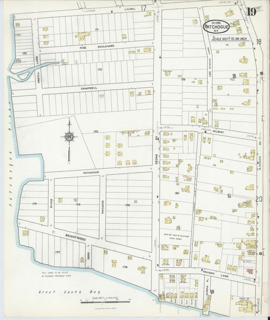 Sanborn Fire Insurance Map from Patchogue, Suffolk County, New York (1916), Sheet #0019 - Historic Sanborn Fire Insurance Map Print, vintage old map wall art, antique decor, genealogy gift, New York New York map