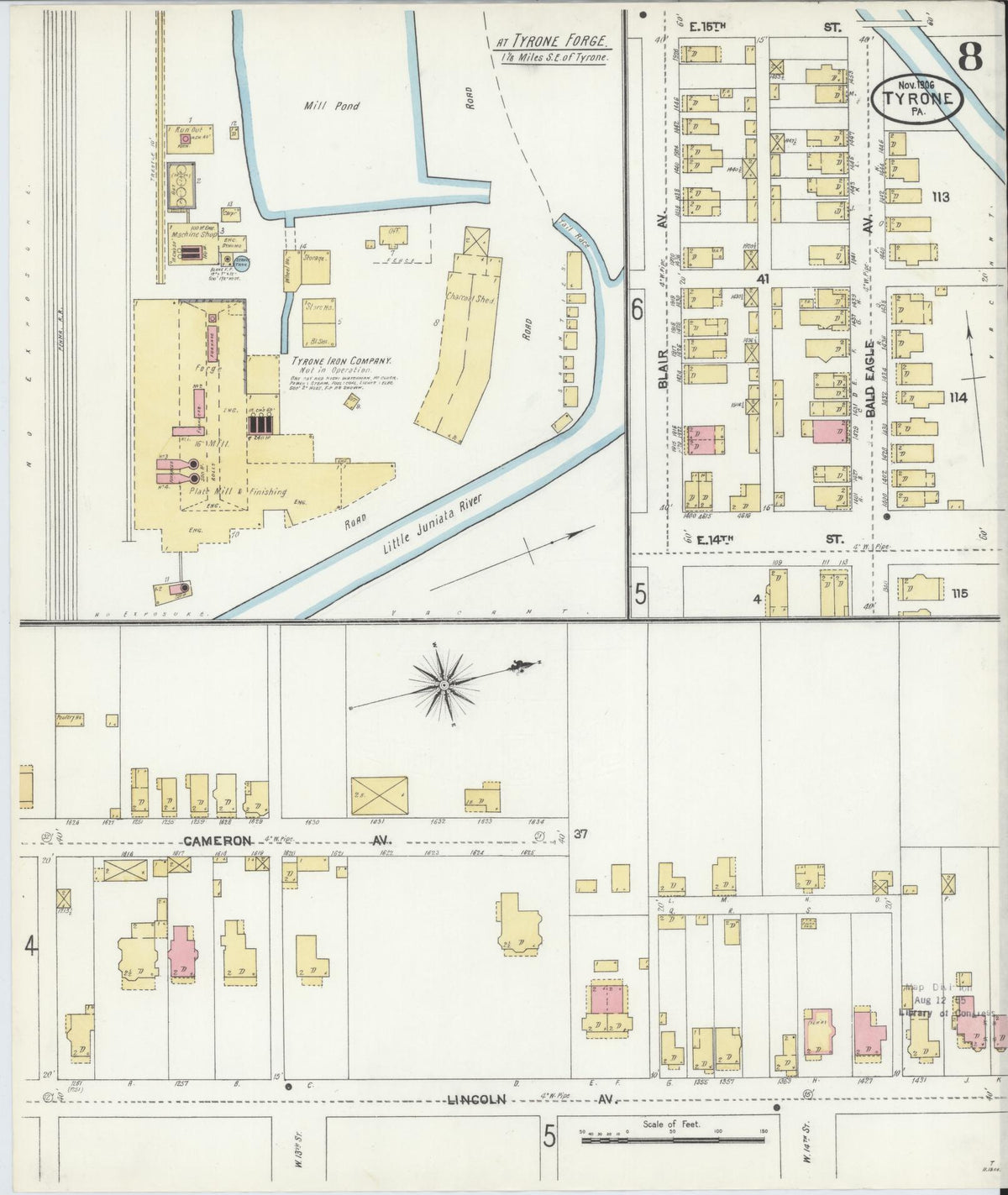 Sanborn Fire Insurance Map from Tyrone, Blair County, Pennsylvania (1906), Sheet #0008 - Historic Sanborn Fire Insurance Map Print, vintage old map wall art, antique decor, genealogy gift, Pennsylvania Pennsylvania map