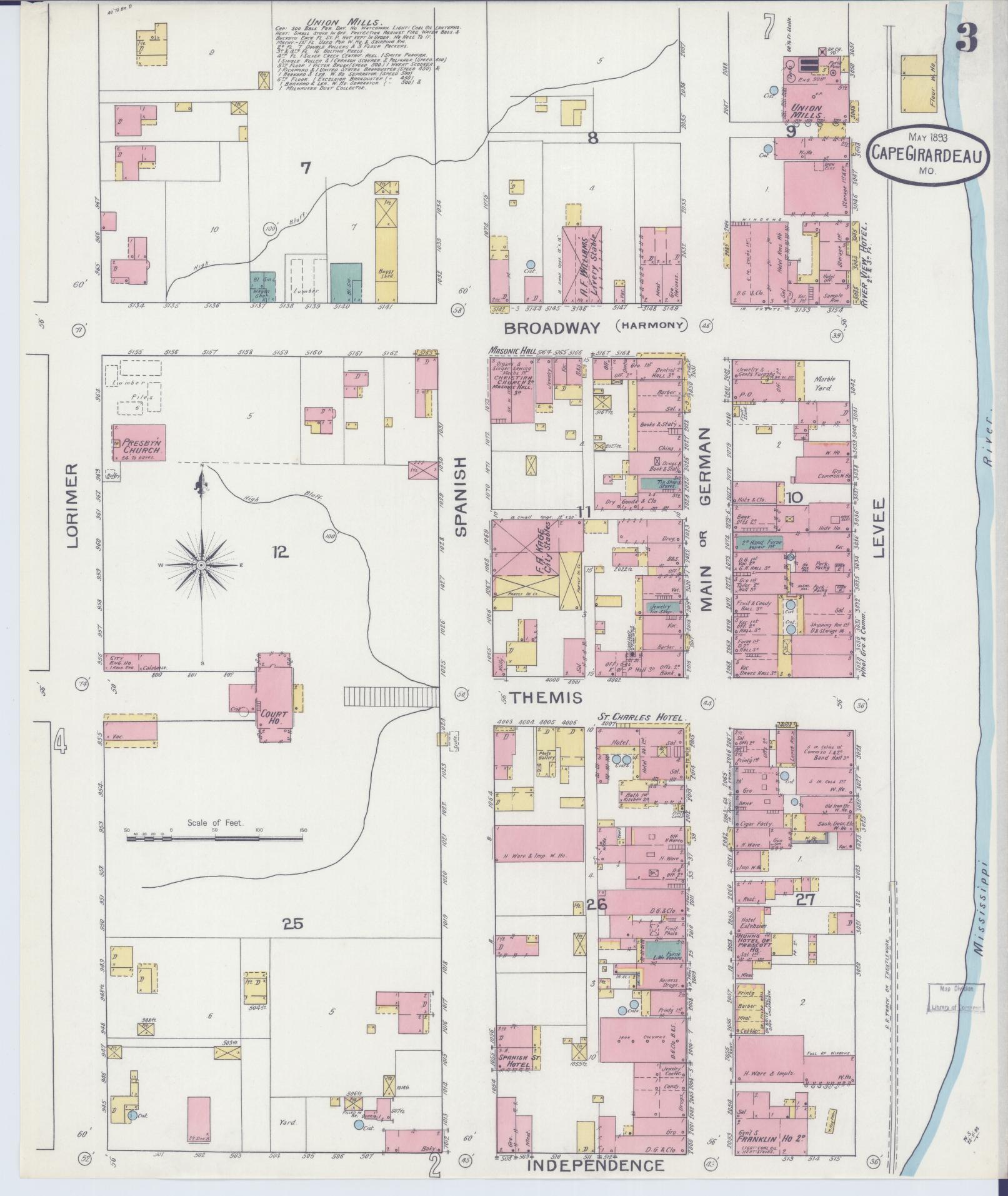 Sanborn Fire Insurance Map from Cape Girardeau, Cape Girardeau County, Missouri (1893), Sheet #0003 - Historic Sanborn Fire Insurance Map Print, vintage old map wall art, antique decor, genealogy gift, Missouri Missouri map