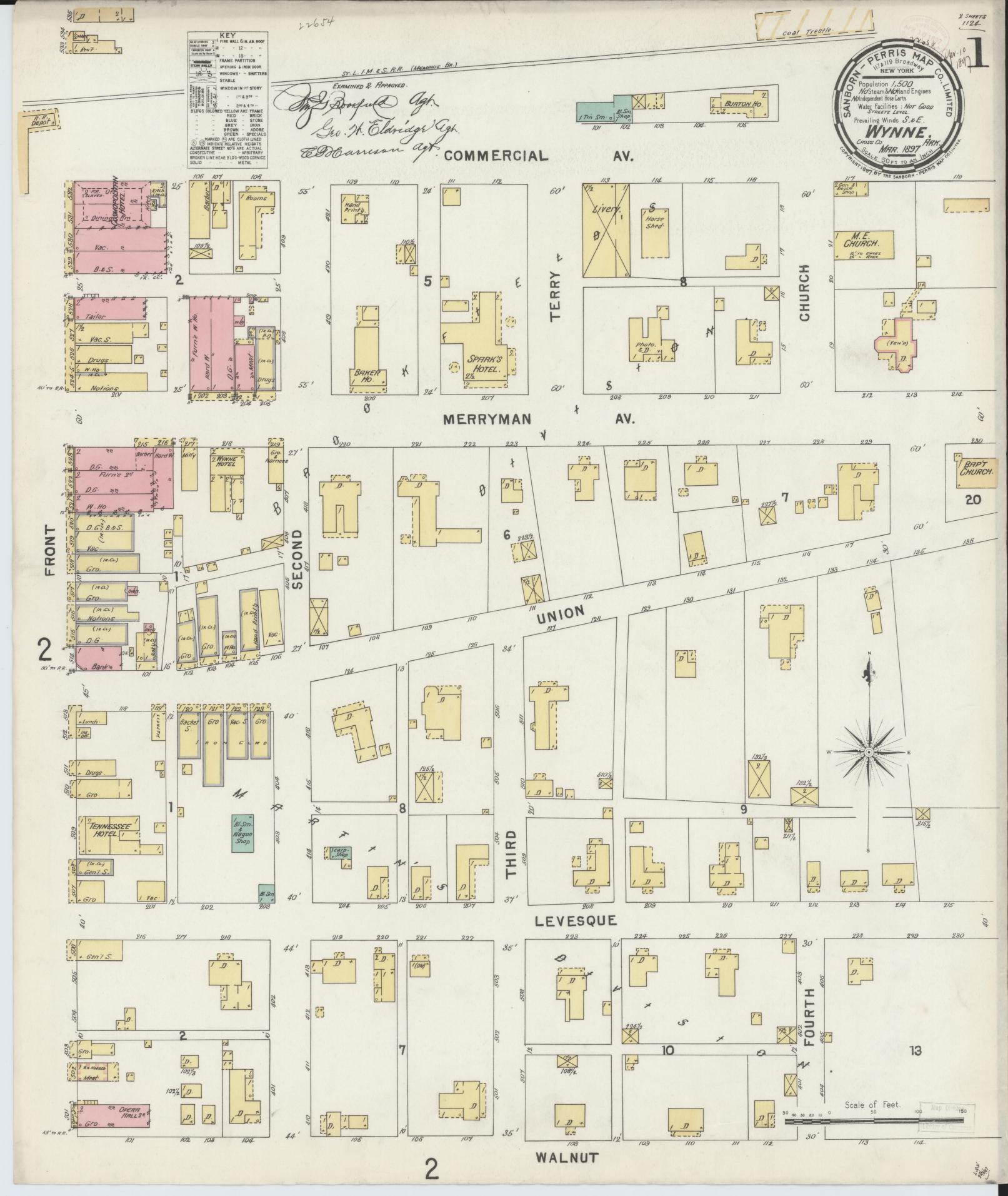 Sanborn Fire Insurance Map from Wynne, Cross County, Arkansas (1897), Sheet #0001 - Historic Sanborn Fire Insurance Map Print, vintage old map wall art, antique decor, genealogy gift, Arkansas Arkansas map