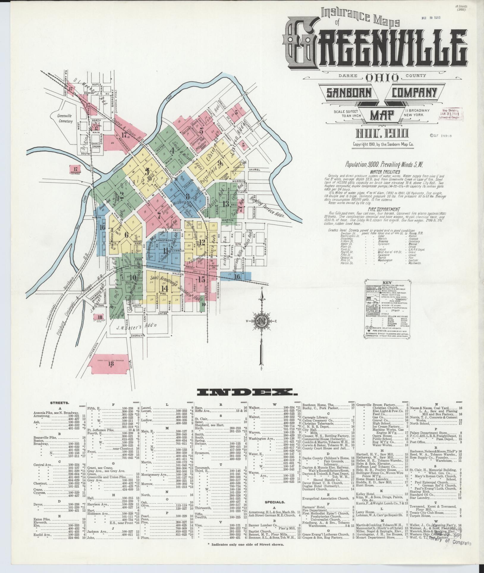 Sanborn Fire Insurance Map from Greenville, Darke County, Ohio (1910), Sheet #0001 - Historic Sanborn Fire Insurance Map Print, vintage old map wall art, antique decor, genealogy gift, Ohio Ohio map