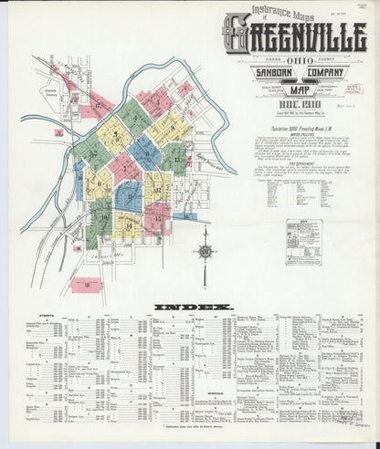 Sanborn Fire Insurance Map from Greenville, Darke County, Ohio (1910), Sheet #0001 - Historic Sanborn Fire Insurance Map Print, vintage old map wall art, antique decor, genealogy gift, Ohio Ohio map