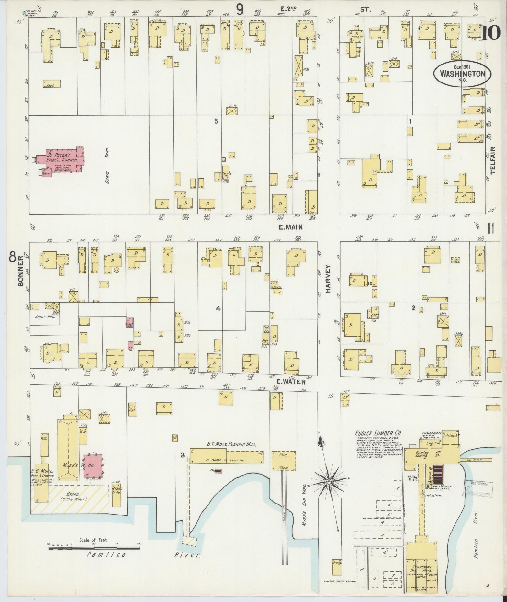 Sanborn Fire Insurance Map from Washington, Beaufort County, North Carolina (1901), Sheet #0010 - Historic Sanborn Fire Insurance Map Print, vintage old map wall art, antique decor, genealogy gift, Washington Washington map