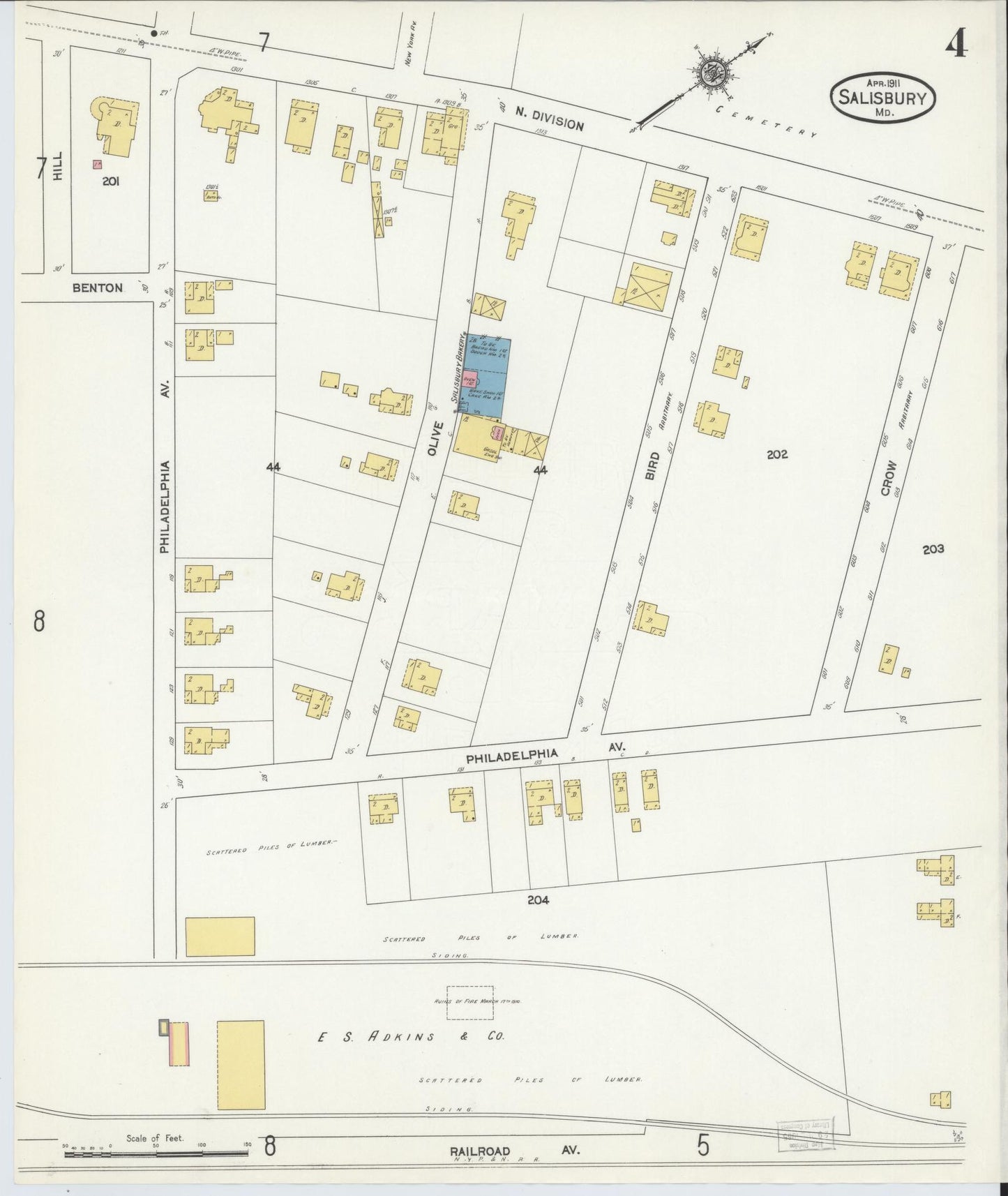 Sanborn Fire Insurance Map from Salisbury, Wicomico County, Maryland (1911), Sheet #0004 - Historic Sanborn Fire Insurance Map Print, vintage old map wall art