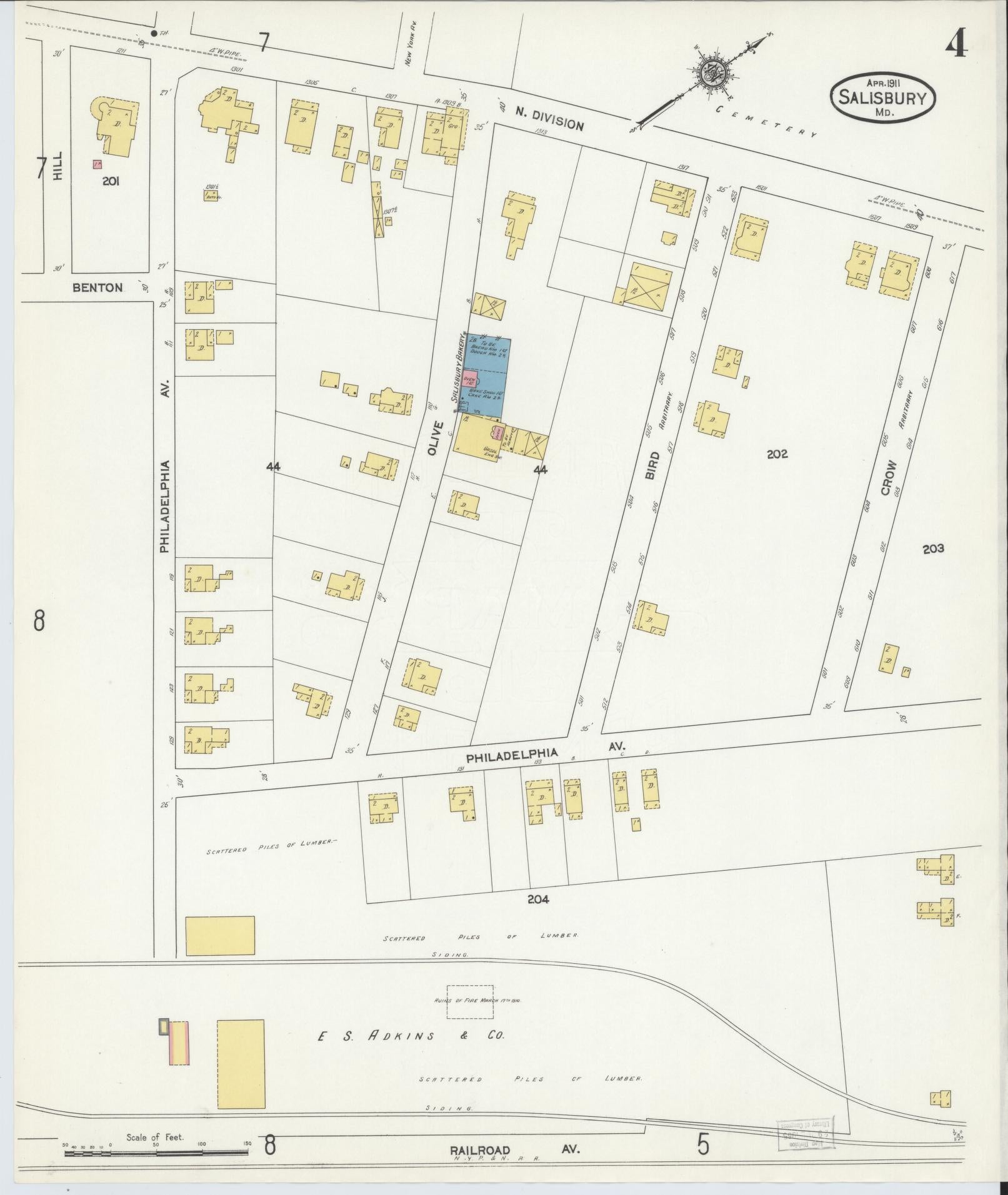 Sanborn Fire Insurance Map from Salisbury, Wicomico County, Maryland (1911), Sheet #0004 - Historic Sanborn Fire Insurance Map Print, vintage old map wall art