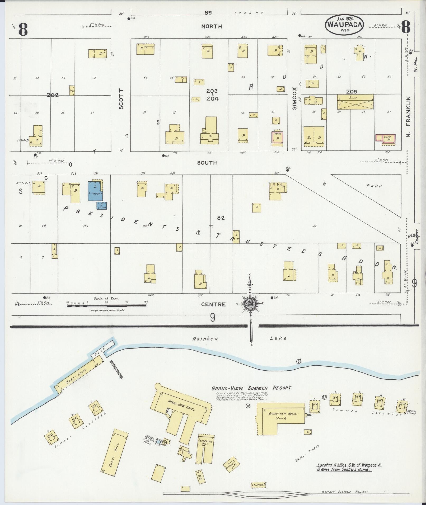 Sanborn Fire Insurance Map from Waupaca, Waupaca County, Wisconsin (1924), Sheet #0008 - Historic Sanborn Fire Insurance Map Print, vintage old map wall art, antique decor, genealogy gift, Wisconsin Wisconsin map
