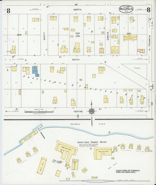 Sanborn Fire Insurance Map from Waupaca, Waupaca County, Wisconsin (1924), Sheet #0008 - Historic Sanborn Fire Insurance Map Print, vintage old map wall art, antique decor, genealogy gift, Wisconsin Wisconsin map