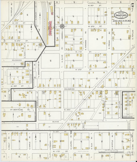 Sanborn Fire Insurance Map from Sanford, Seminole County, Florida (1917), Sheet #0007 - Historic Sanborn Fire Insurance Map Print, vintage old map wall art, antique decor, genealogy gift, Florida Florida map