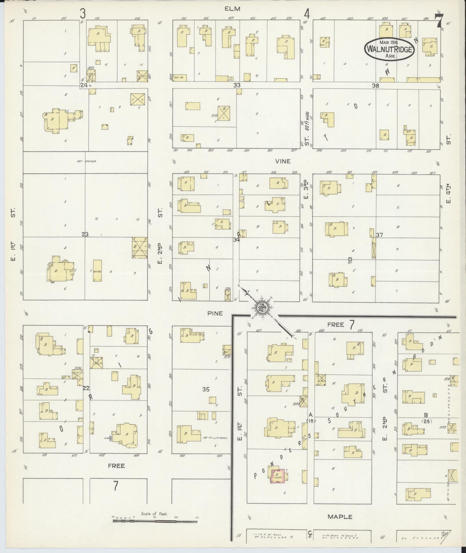 Sanborn Fire Insurance Map from Walnut Ridge, Lawrence County, Arkansas (1914), Sheet #0007 - Historic Sanborn Fire Insurance Map Print, vintage old map wall art, antique decor, genealogy gift, Arkansas Arkansas map