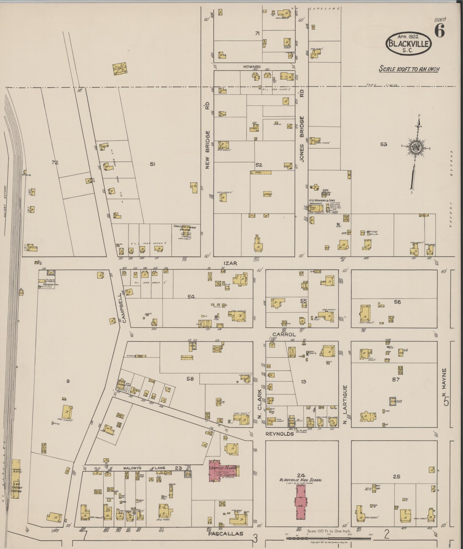 Sanborn Fire Insurance Map from Blackville, Barnwell County, South Carolina (1922), Sheet #0006 - Historic Sanborn Fire Insurance Map Print, vintage old map wall art, antique decor, genealogy gift, South Carolina South Carolina map