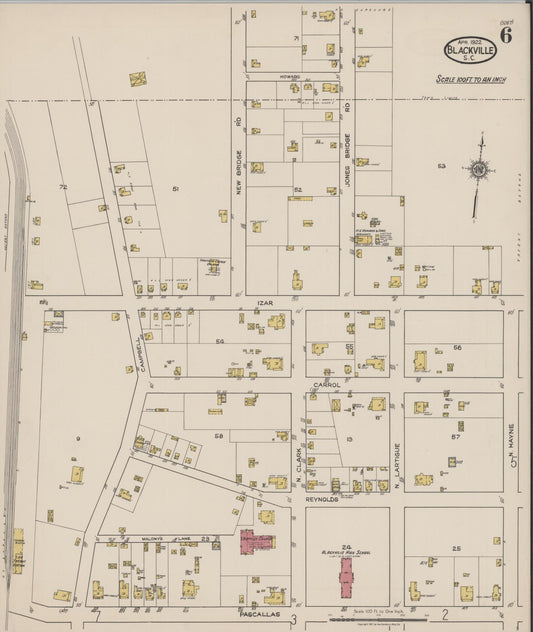Sanborn Fire Insurance Map from Blackville, Barnwell County, South Carolina (1922), Sheet #0006 - Historic Sanborn Fire Insurance Map Print, vintage old map wall art, antique decor, genealogy gift, South Carolina South Carolina map