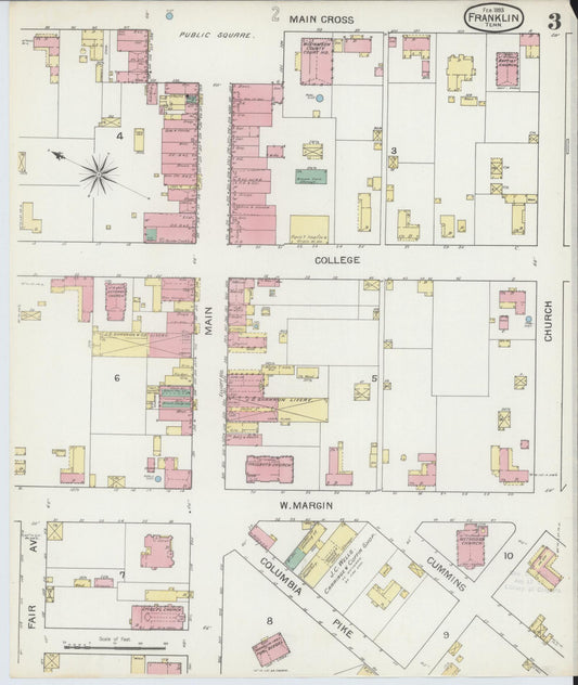 Sanborn Fire Insurance Map from Franklin, Williamson County, Tennessee (1893), Sheet #0003 - Historic Sanborn Fire Insurance Map Print, vintage old map wall art, antique decor, genealogy gift, Tennessee Tennessee map