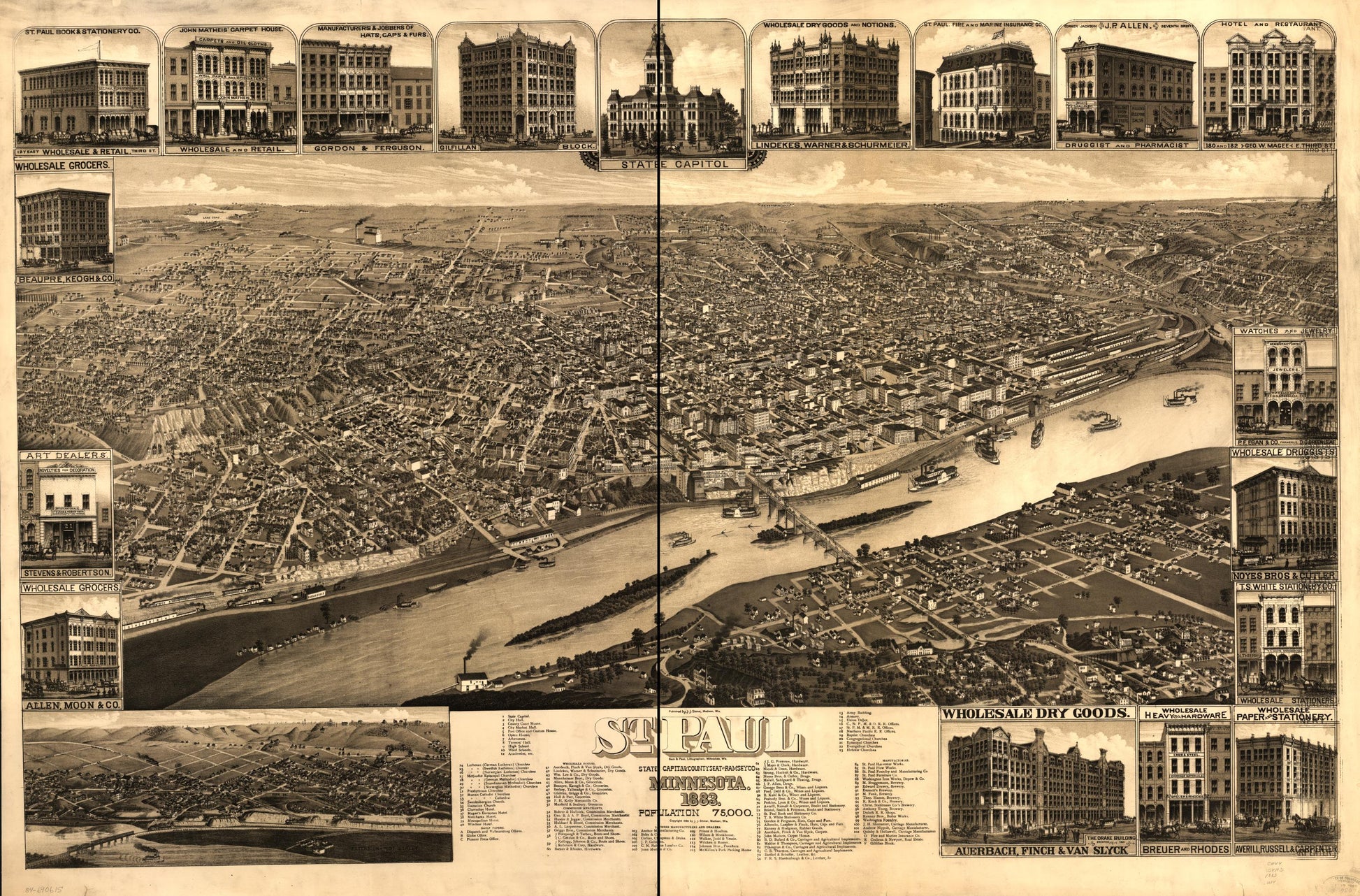 St. Paul, Minnesota 1883 : state capital and county seat of Ramsey Co. (1883) – Historic Bird’s-Eye View Panorama Print