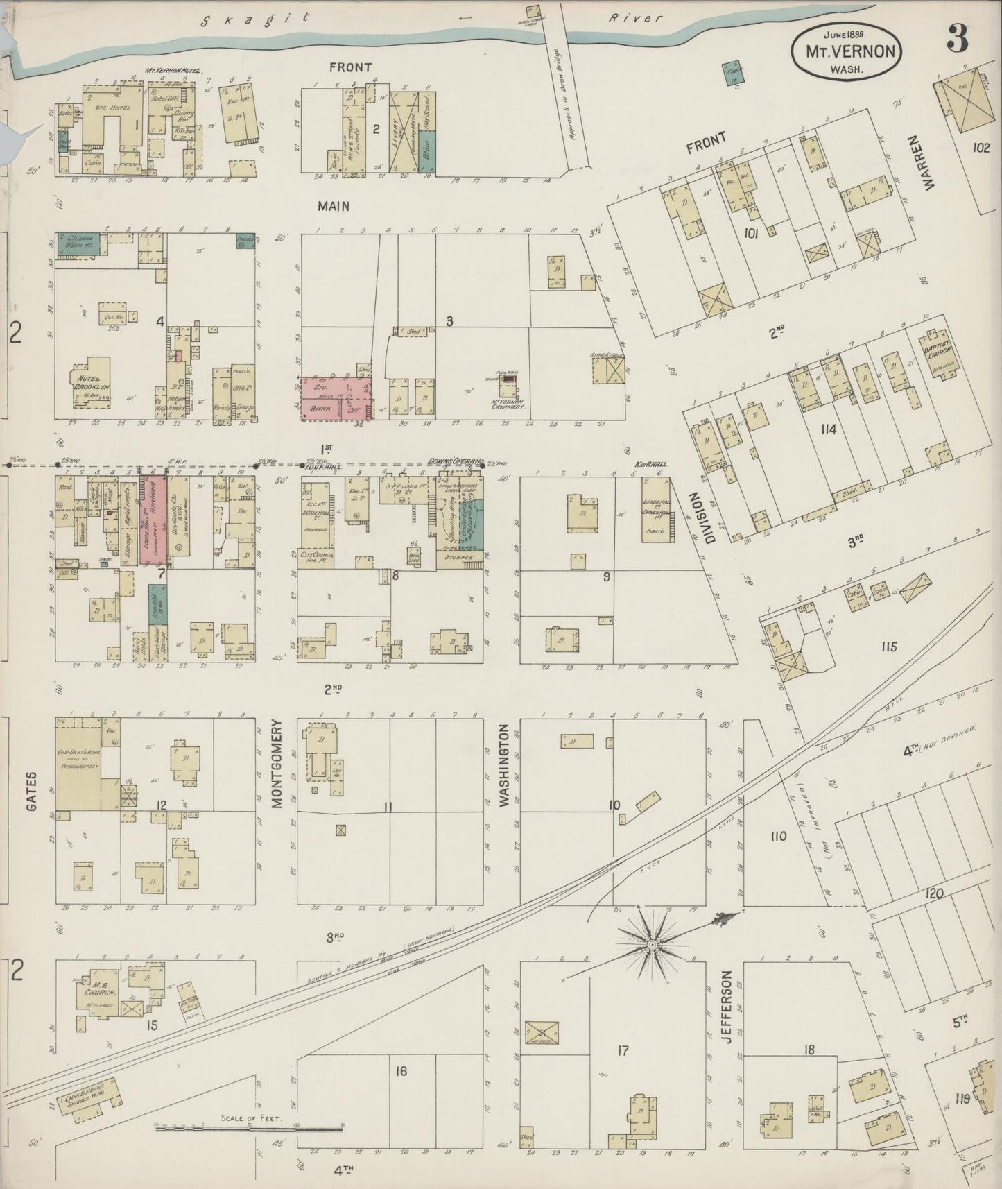 Sanborn Fire Insurance Map from Mount Vernon, Skagit County, Washington (1899), Sheet #0003 - Historic Sanborn Fire Insurance Map Print, vintage old map wall art, antique decor, genealogy gift, Washington Washington map