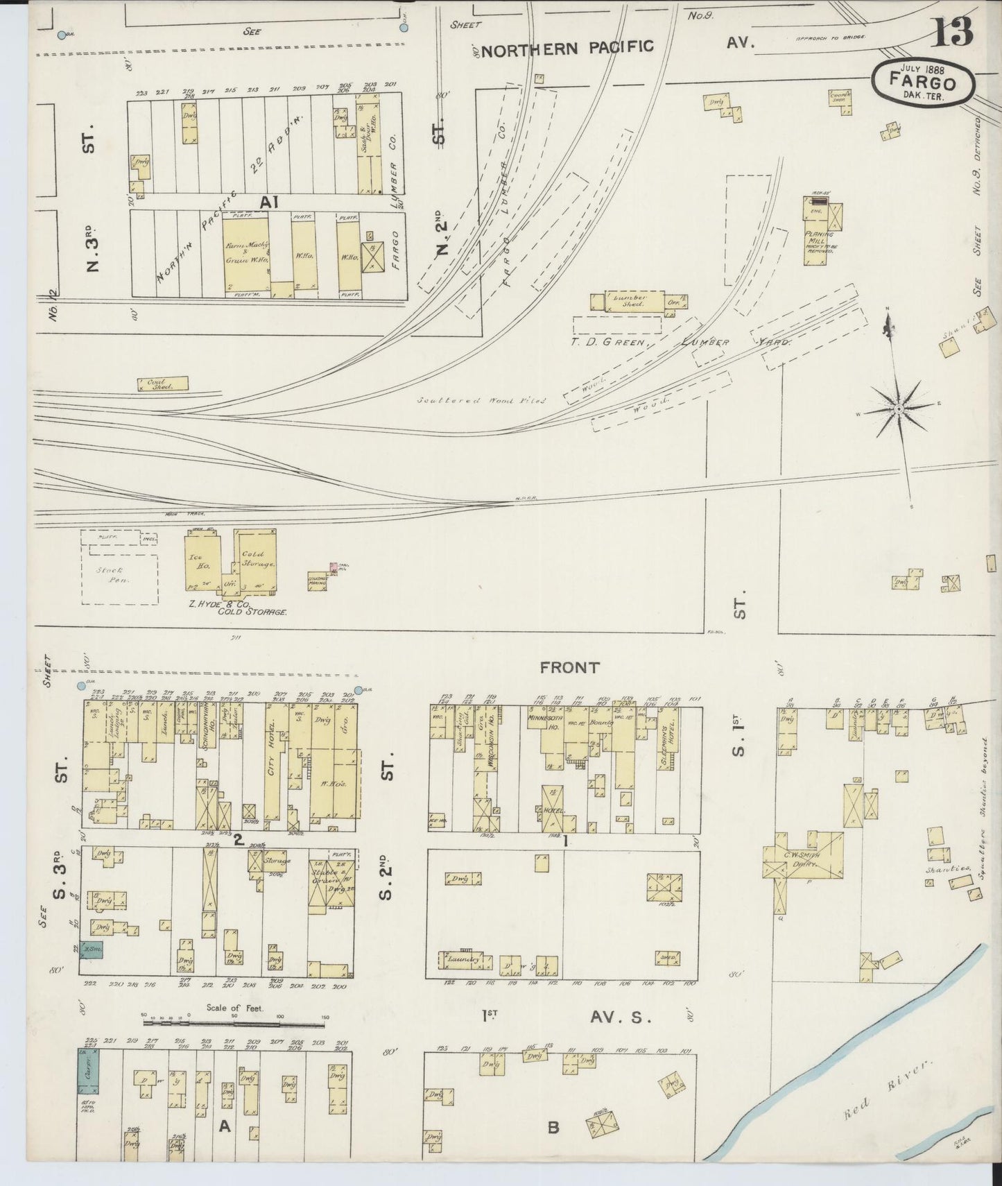 Sanborn Fire Insurance Map from Fargo, Cass County, North Dakota (1888), Sheet #0013 - Historic Sanborn Fire Insurance Map Print, vintage old map wall art, antique decor, genealogy gift, North Dakota North Dakota map