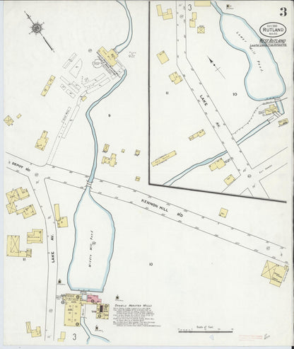 Sanborn Fire Insurance Map from Rutland, Worcester County, Massachusetts (1910), Sheet #0003 - Historic Sanborn Fire Insurance Map Print, vintage old map wall art, antique decor, genealogy gift, Massachusetts Massachusetts map