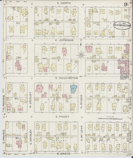 Sanborn Fire Insurance Map from Bloomington, McLean County, Illinois (1886), Sheet #0009 - Historic Sanborn Fire Insurance Map Print, vintage old map wall art, antique decor, genealogy gift, Illinois Illinois map