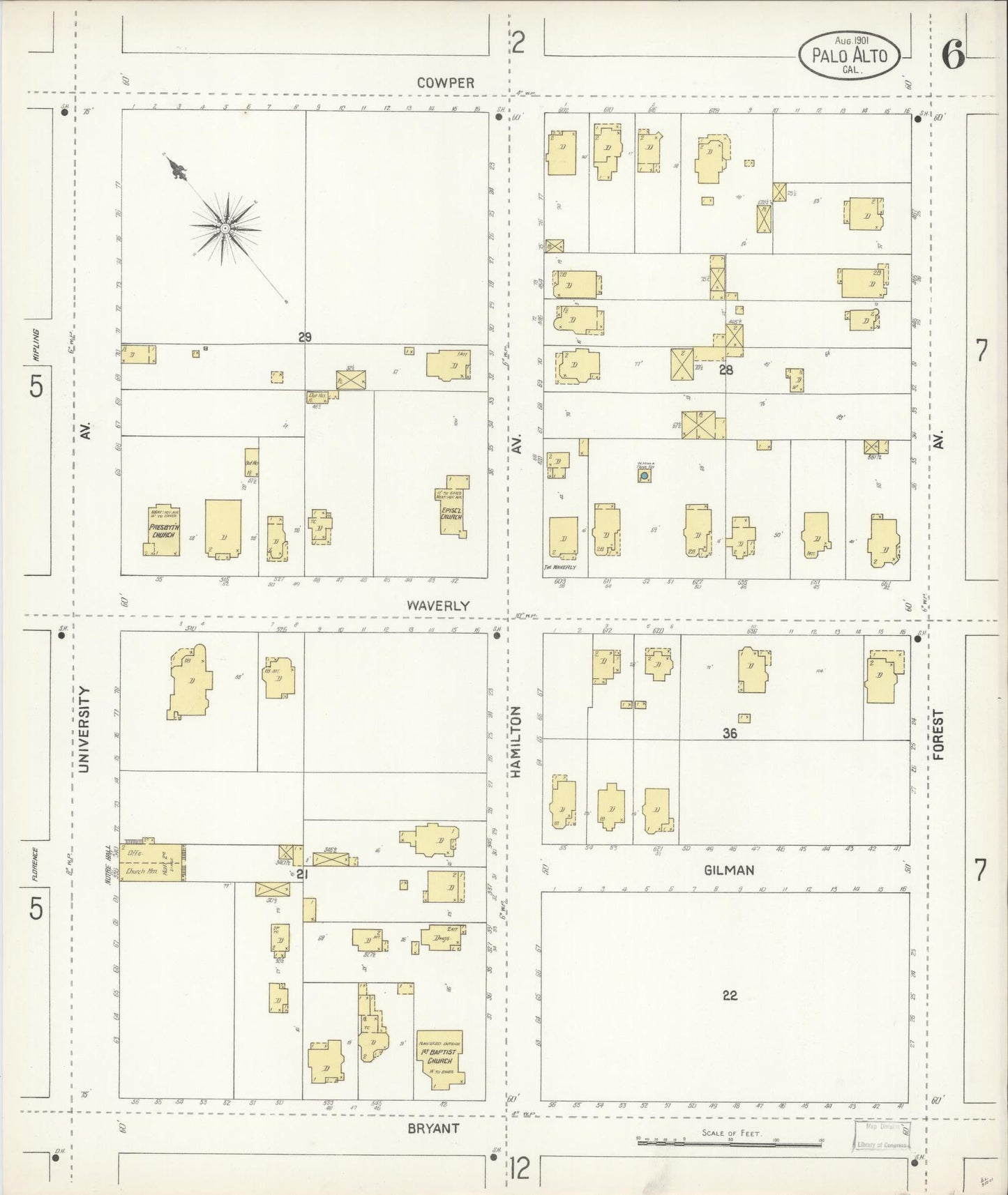Sanborn Fire Insurance Map from Palo Alto, Santa Clara County, California (1901), Sheet #0006 - Complete Map Set gallery image, historic Sanborn map, vintage wall art, California California