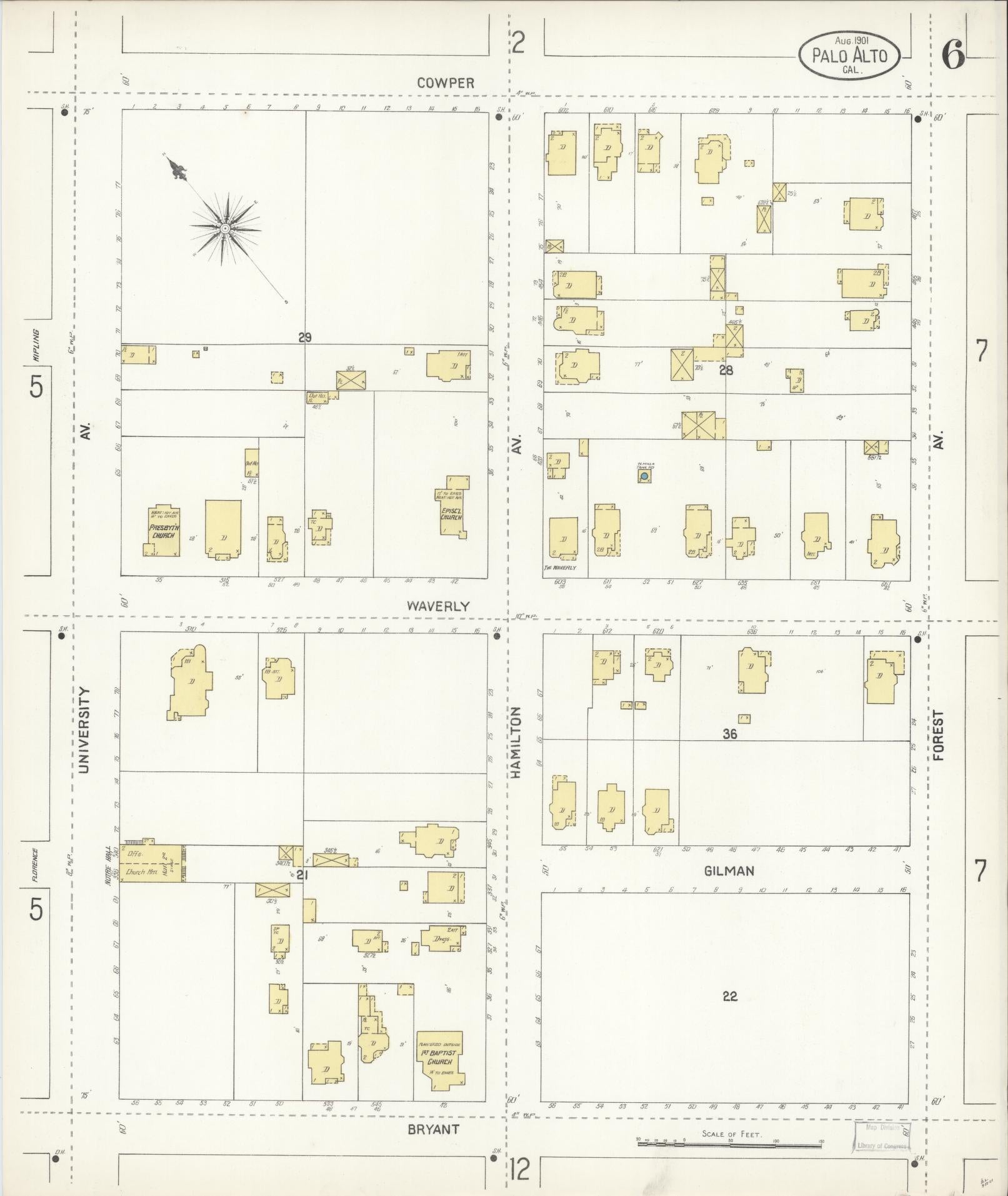Sanborn Fire Insurance Map from Palo Alto, Santa Clara County, California (1901), Sheet #0006 - Complete Map Set gallery image, historic Sanborn map, vintage wall art, California California