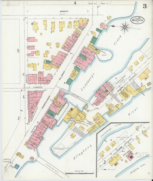 Sanborn Fire Insurance Map from Warren, Warren County, Pennsylvania (1904), Sheet #0003 - Historic Sanborn Fire Insurance Map Print, vintage old map wall art, antique decor, genealogy gift, Pennsylvania Pennsylvania map