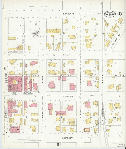 Sanborn Fire Insurance Map from Warsaw, Kosciusko County, Indiana (1905), Sheet #0006 - Historic Sanborn Fire Insurance Map Print, vintage old map wall art, antique decor, genealogy gift, Indiana Indiana map