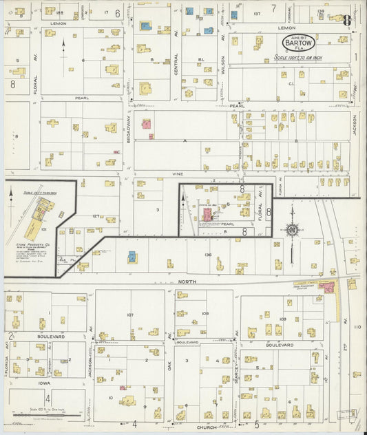 Sanborn Fire Insurance Map from Bartow, Polk County, Florida (1917), Sheet #0008 - Historic Sanborn Fire Insurance Map Print, vintage old map wall art, antique decor, genealogy gift, Florida Florida map