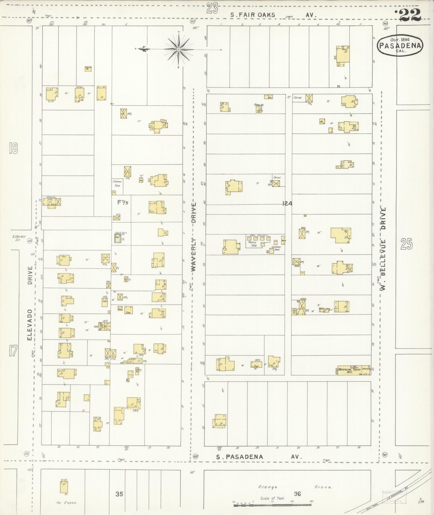 Sanborn Fire Insurance Map from Pasadena, Los Angeles County, California (1894), Sheet #0022 - Complete Map Set gallery image, historic Sanborn map, vintage wall art, California California