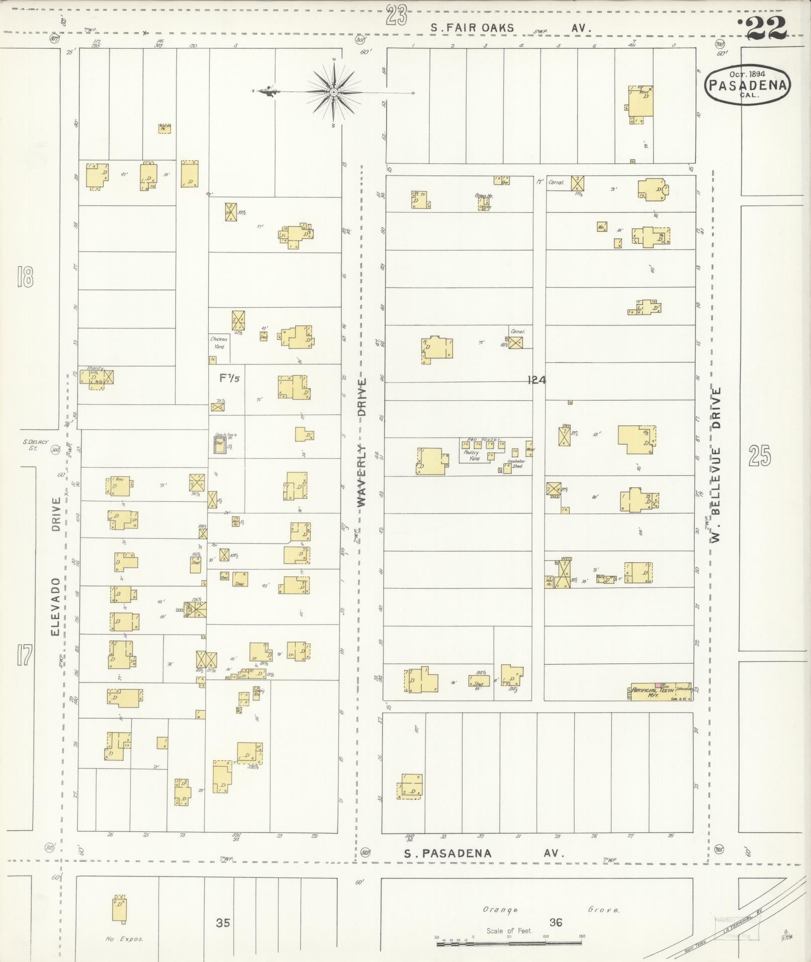 Sanborn Fire Insurance Map from Pasadena, Los Angeles County, California (1894), Sheet #0022 - Complete Map Set gallery image, historic Sanborn map, vintage wall art, California California