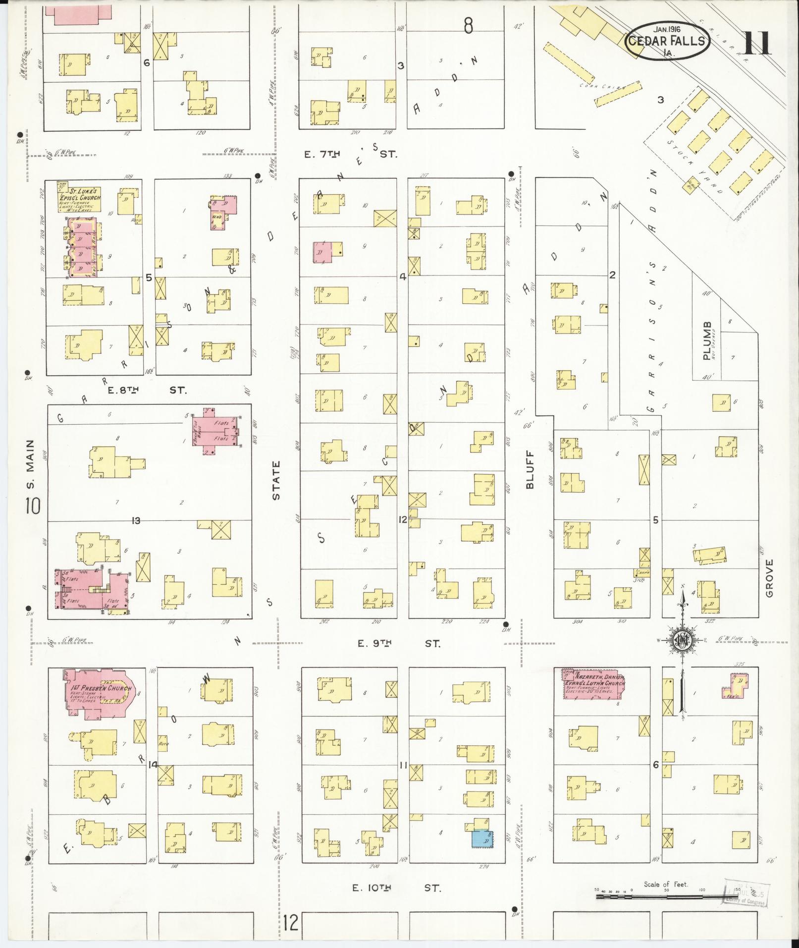 Sanborn Fire Insurance Map from Cedar Falls, Black Hawk County, Iowa (1916), Sheet #0011 - Historic Sanborn Fire Insurance Map Print, vintage old map wall art