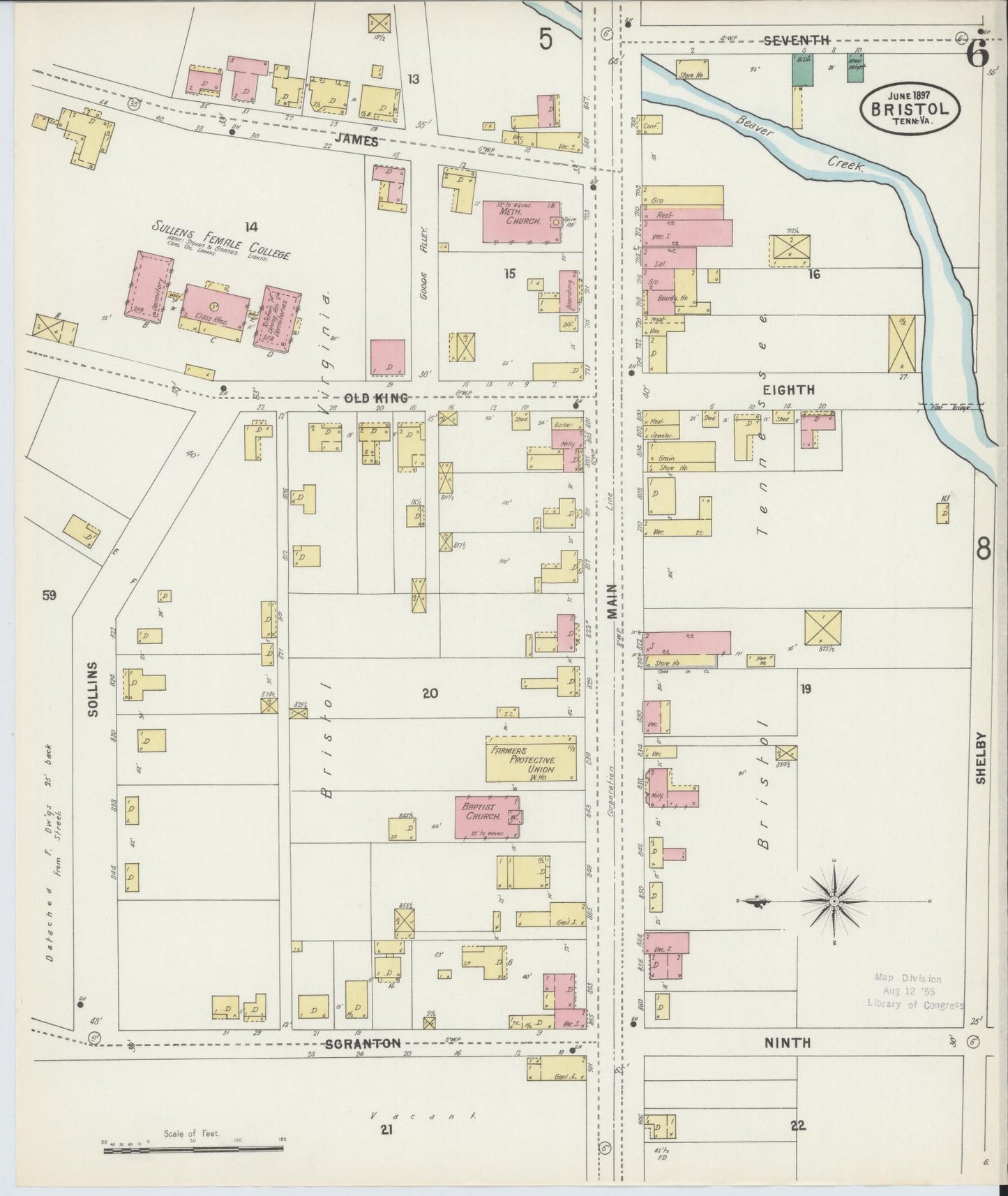 Sanborn Fire Insurance Map from Bristol, Sullivan County, Tennessee (1898), Sheet #0006 - Historic Sanborn Fire Insurance Map Print, vintage old map wall art, antique decor, genealogy gift, Tennessee Tennessee map