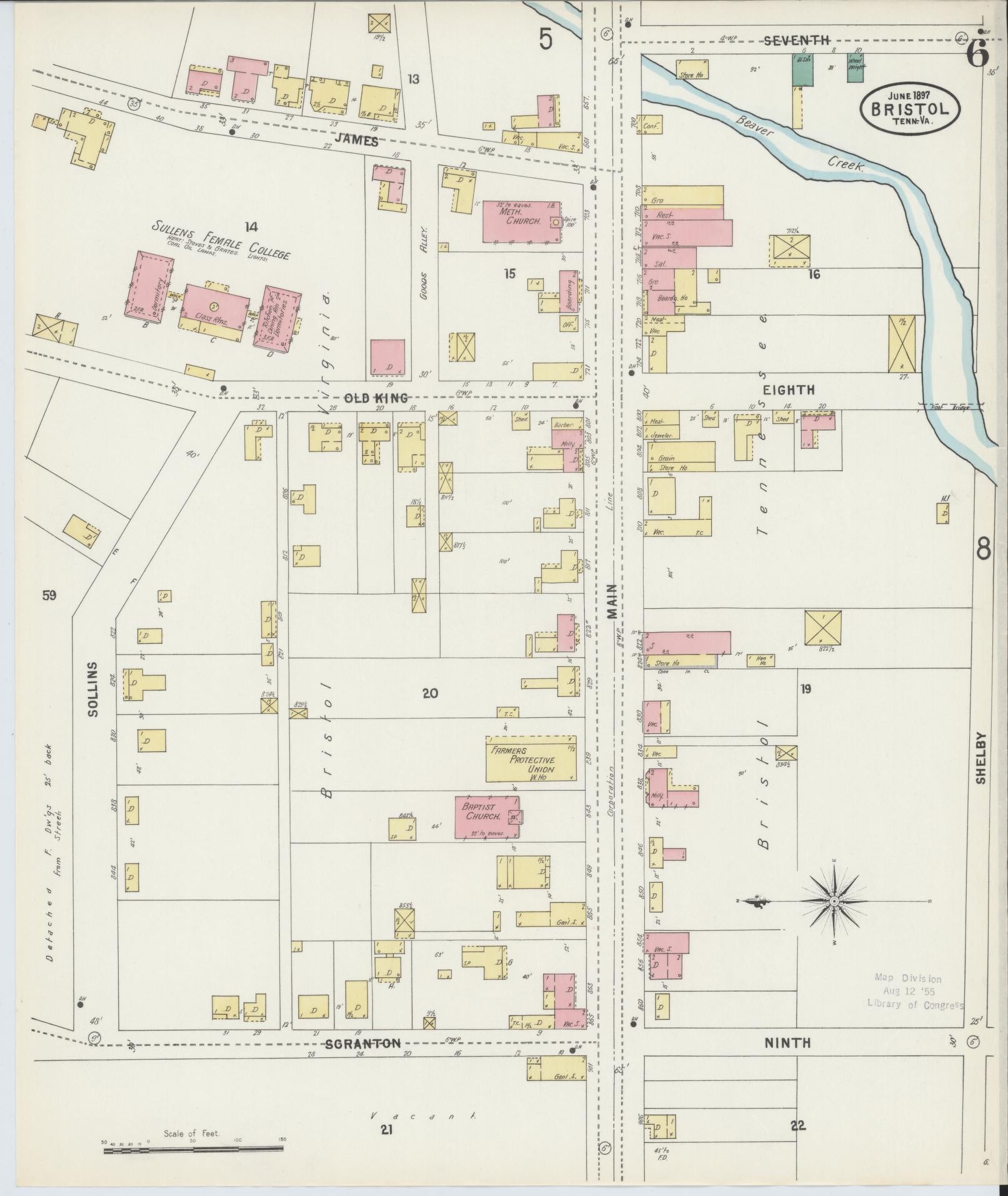 Sanborn Fire Insurance Map from Bristol, Sullivan County, Tennessee (1898), Sheet #0006 - Historic Sanborn Fire Insurance Map Print, vintage old map wall art, antique decor, genealogy gift, Tennessee Tennessee map