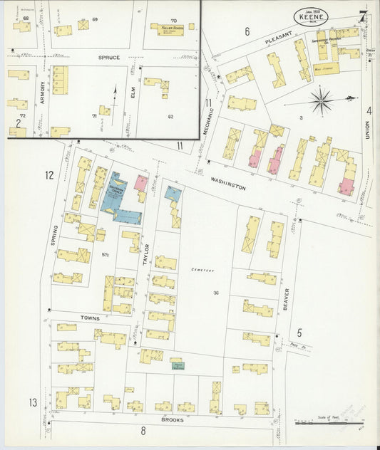 Sanborn Fire Insurance Map from Keene, Cheshire County, New Hampshire (1908), Sheet #0007 - Historic Sanborn Fire Insurance Map Print, vintage old map wall art, antique decor, genealogy gift, New Hampshire New Hampshire map