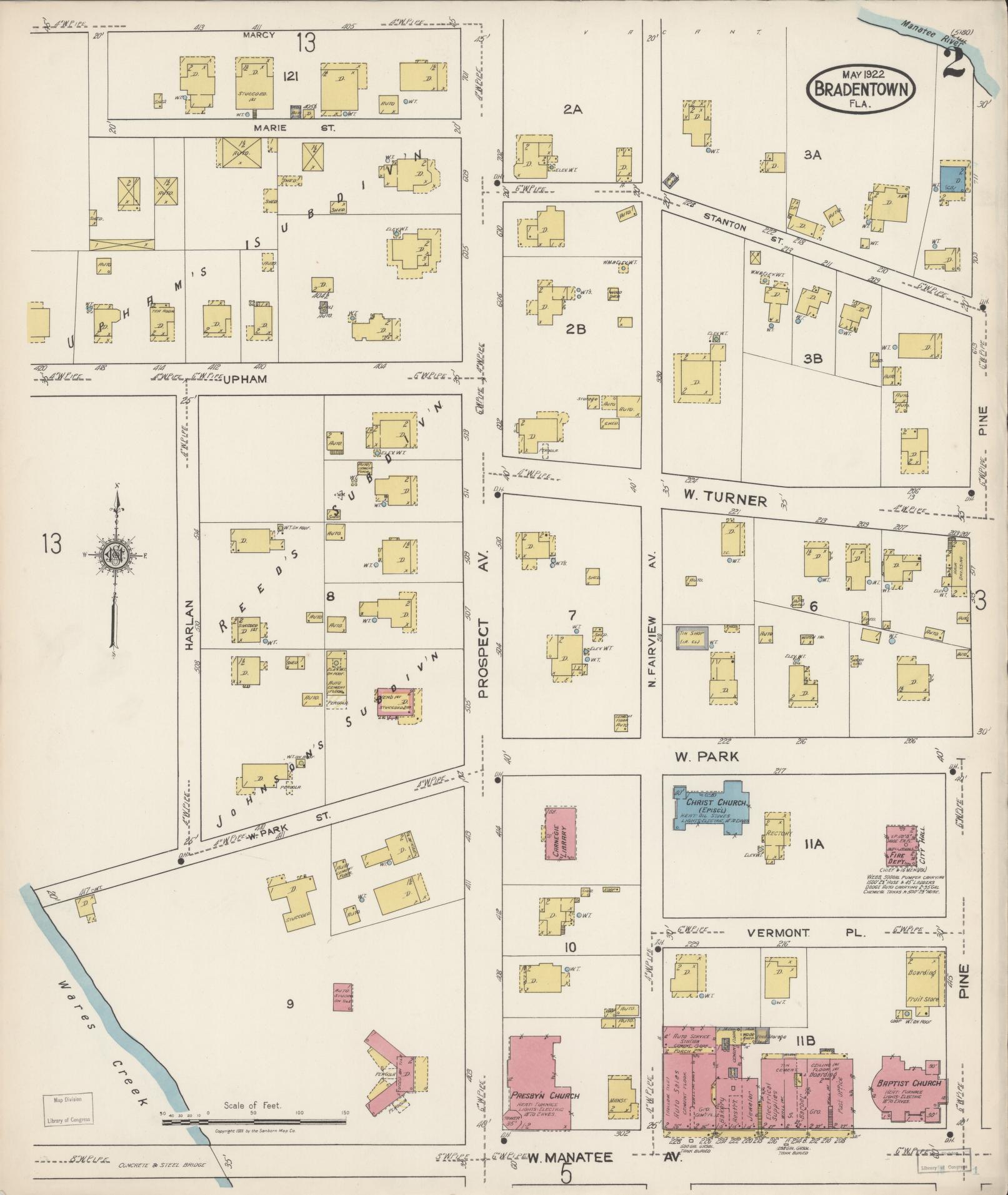 Sanborn Fire Insurance Map from Bradentown, Manatee County, Florida (1922), Sheet #0002 - Historic Sanborn Fire Insurance Map Print, vintage old map wall art, antique decor, genealogy gift, Florida Florida map