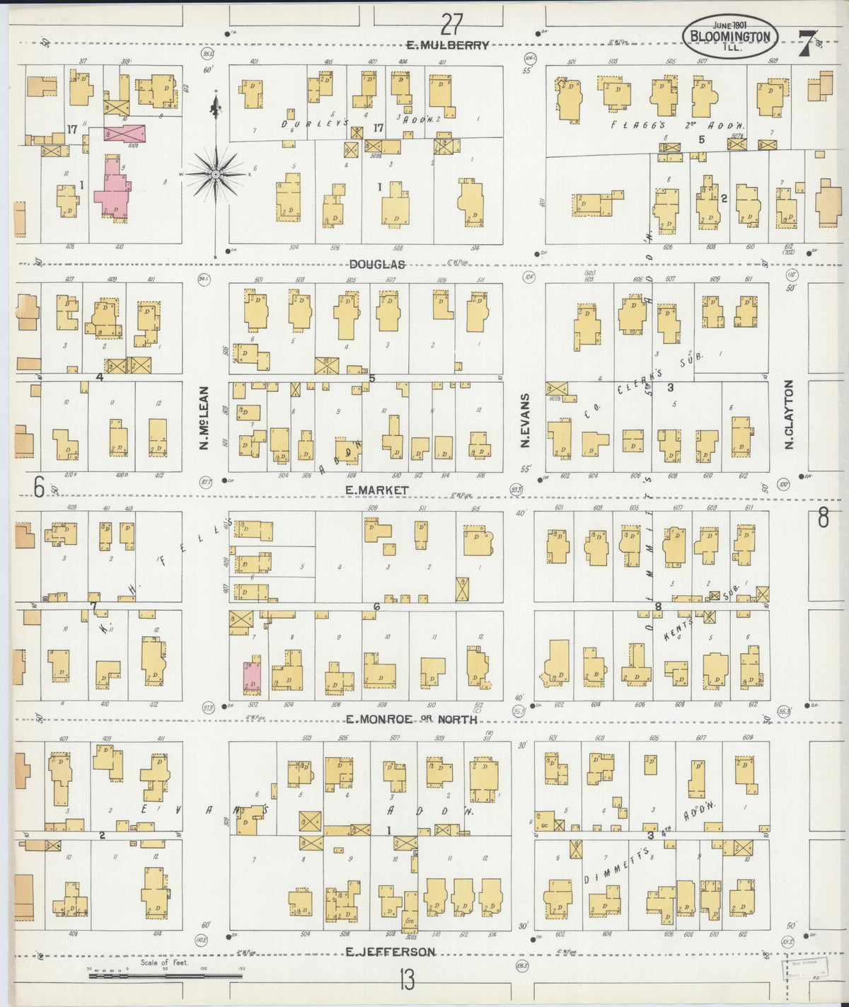 Sanborn Fire Insurance Map from Bloomington, McLean County, Illinois (1901), Sheet #0007 - Complete Map Set gallery image, historic Sanborn map, vintage wall art, Illinois Illinois